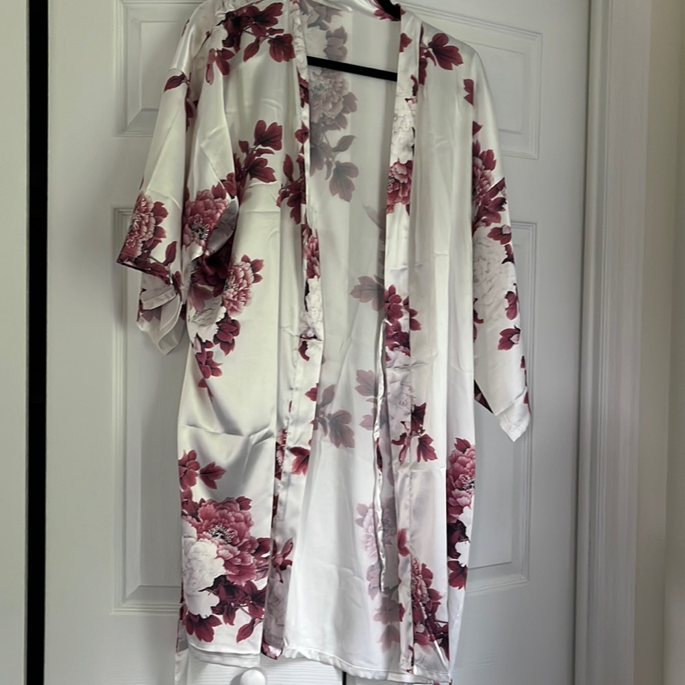 White and pink floral belted bridal robe